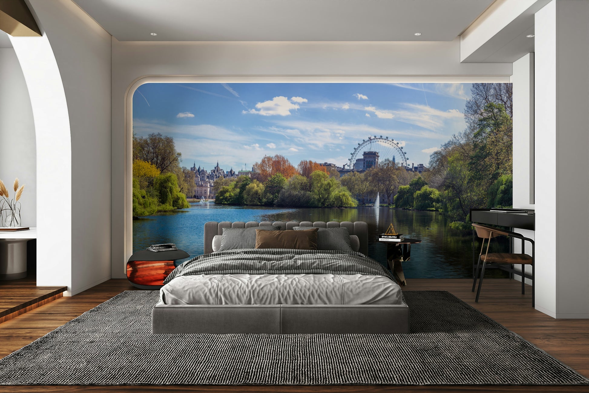 A close-up view shows the soft lines and details of the trees and the water.

