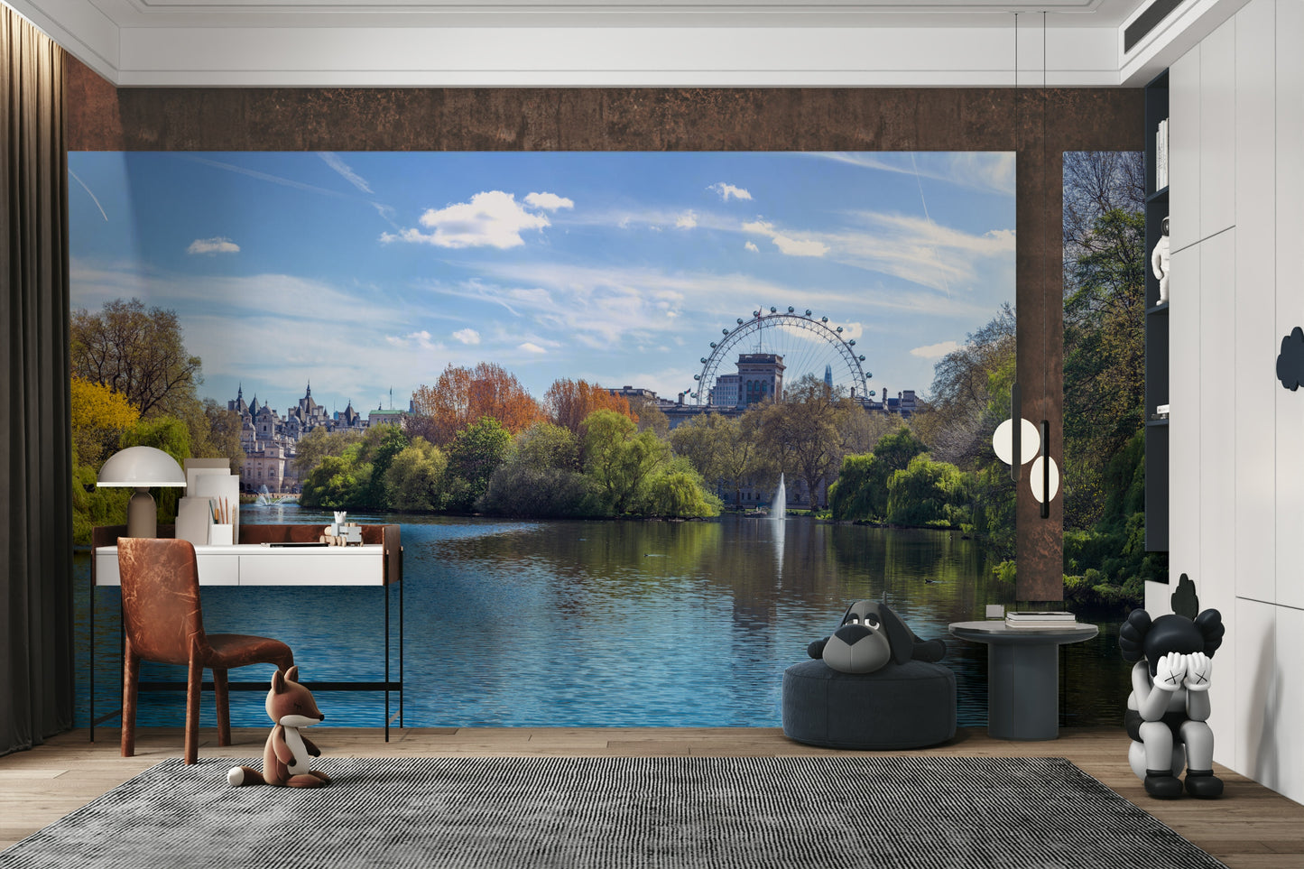 The design has a layered look, showing a long view of the lake and the trees.

