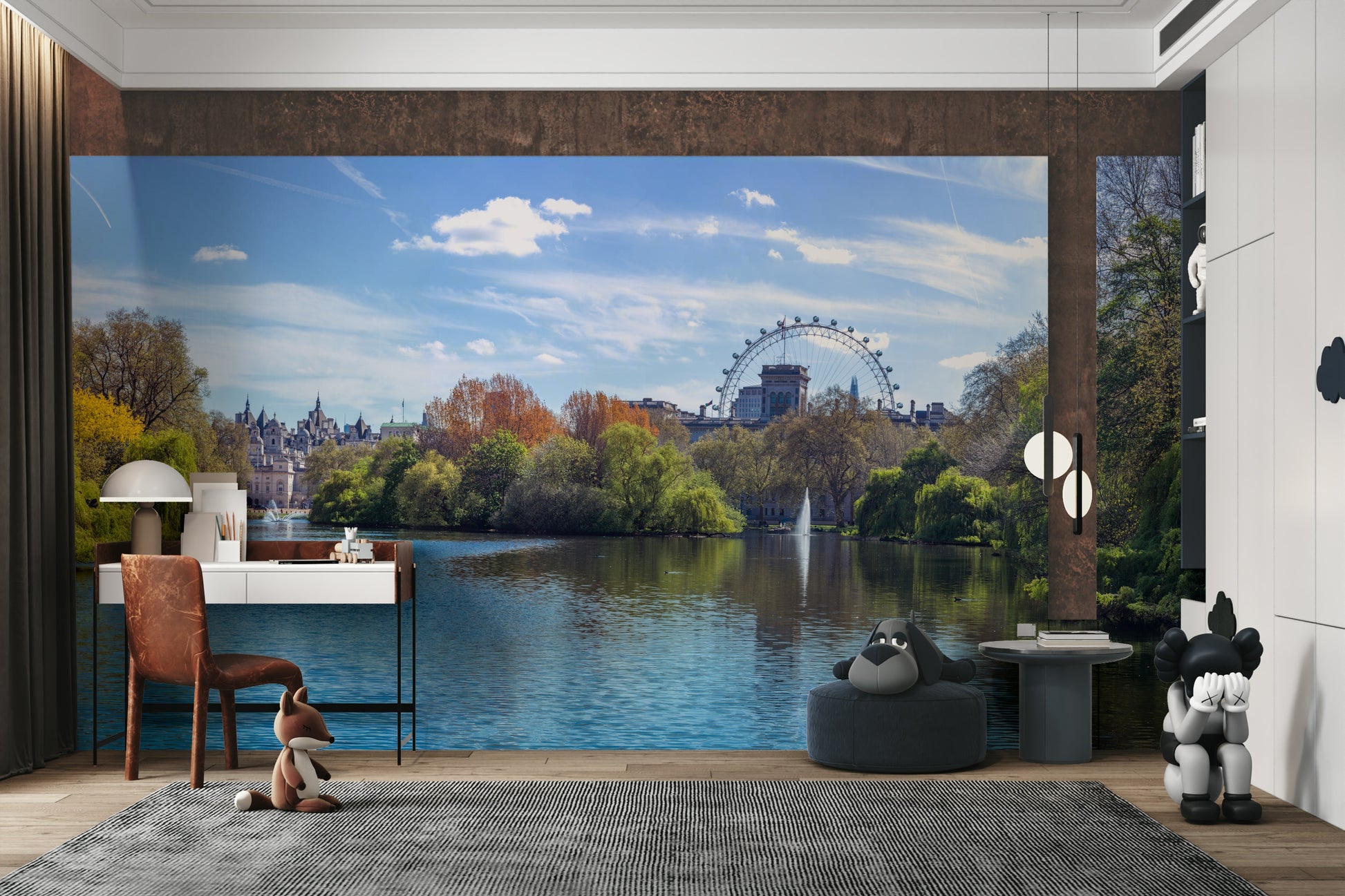 The design has a layered look, showing a long view of the lake and the trees.

