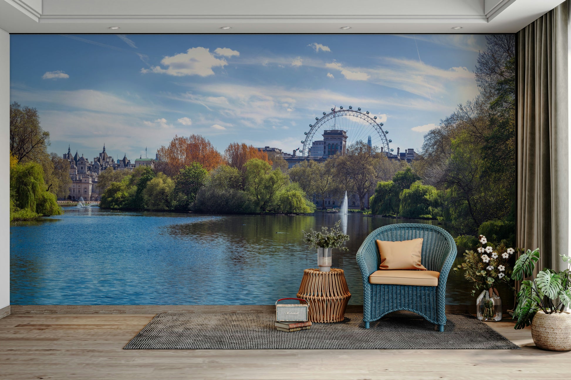 The mural extends across the entire wall, creating a clean backdrop.

