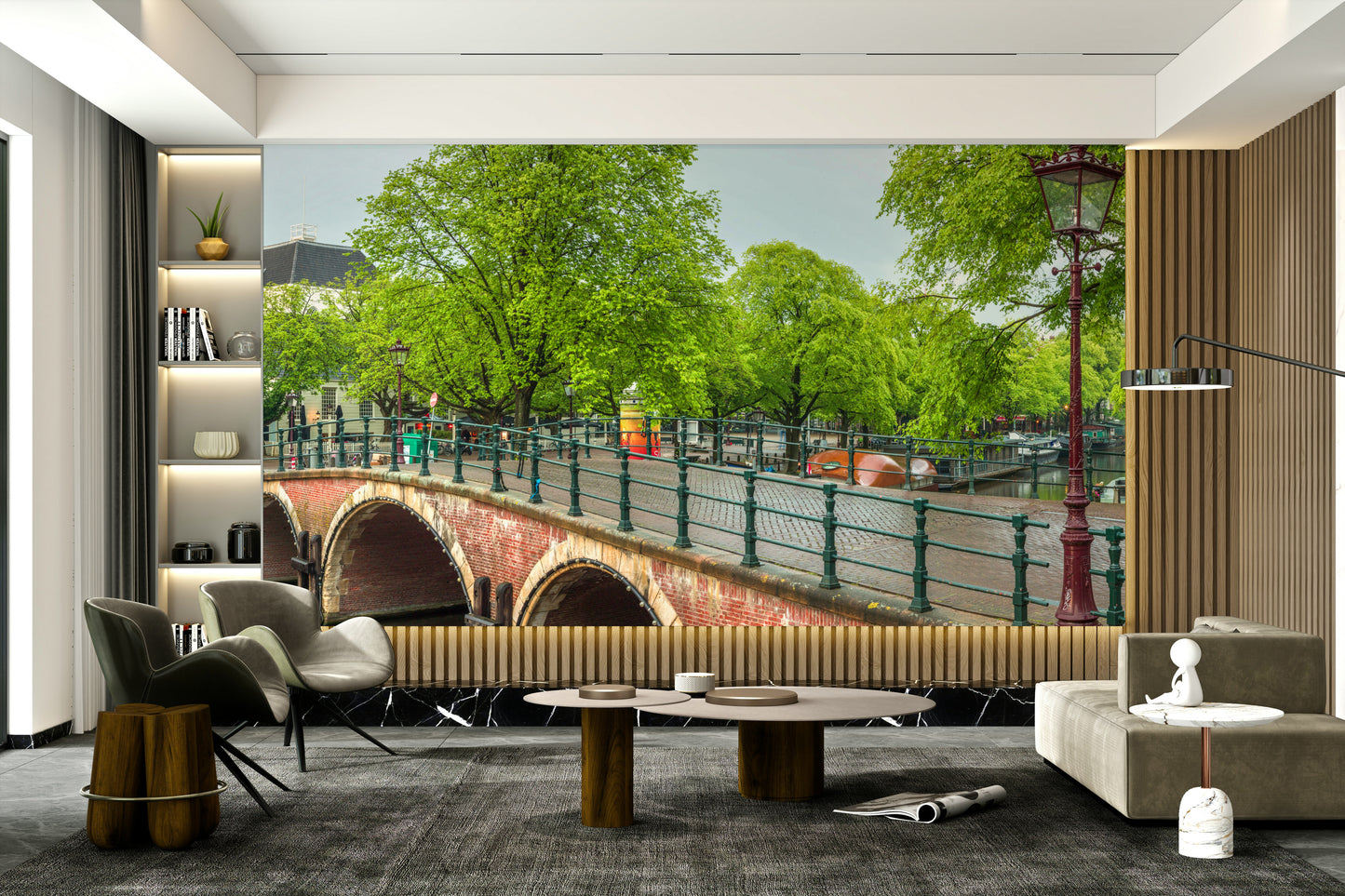 The room's lighting highlights the serene, quiet feel of the mural.

