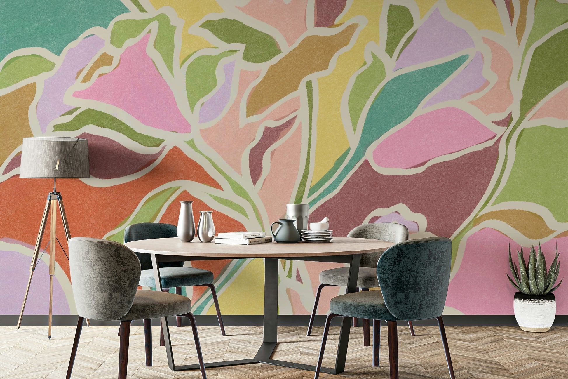 The design has a layered, artistic look, like a watercolor painting.

