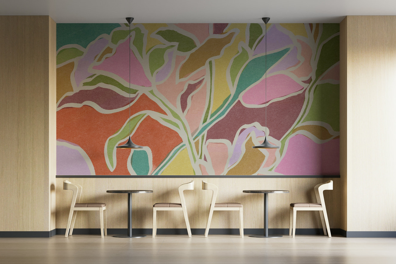 The image shows a serene view of a variety of painted flowers and leaves.

