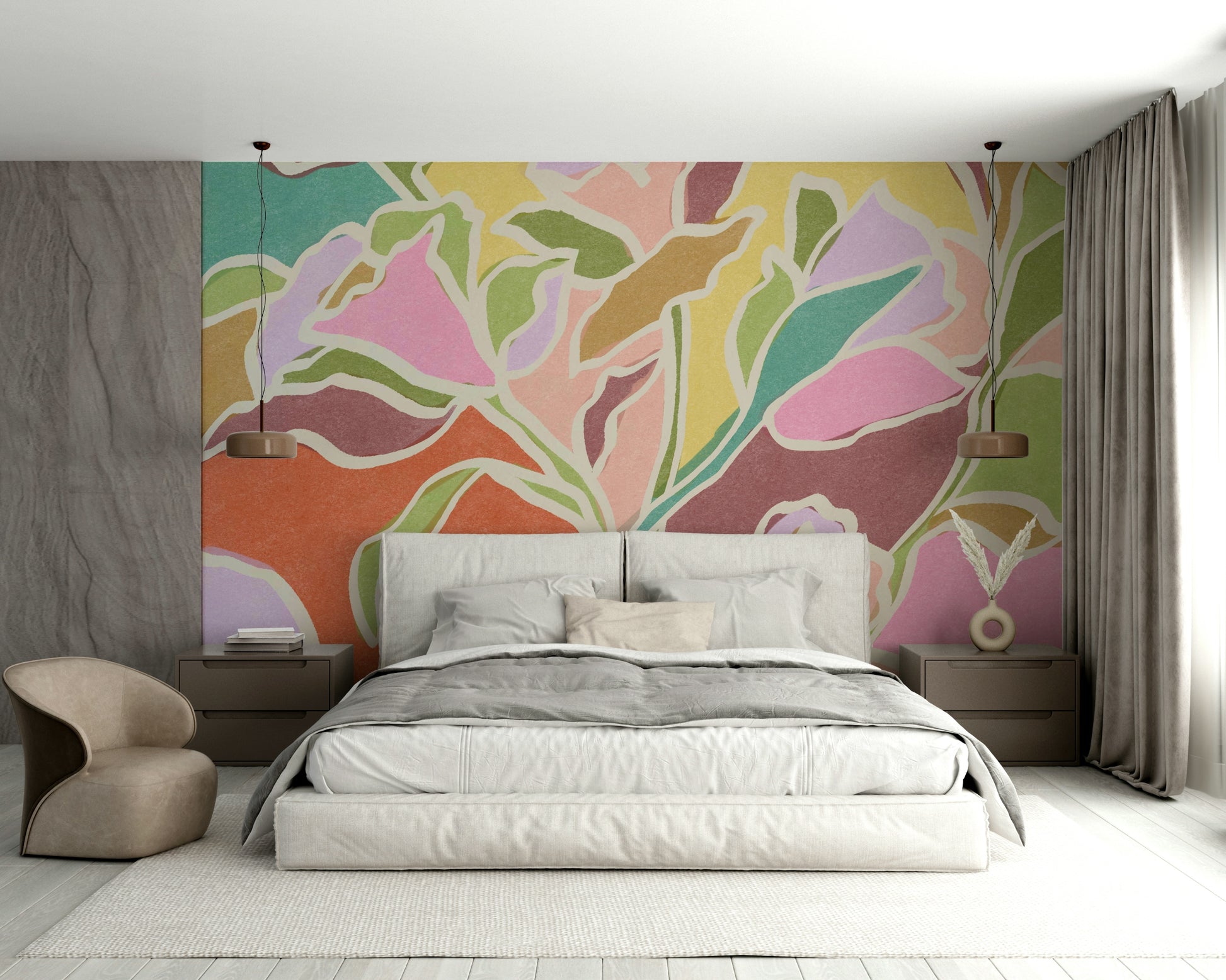 The mural extends across the entire wall, creating a clean backdrop.

