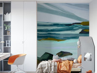 The mural extends across the entire wall, creating a clean backdrop.

