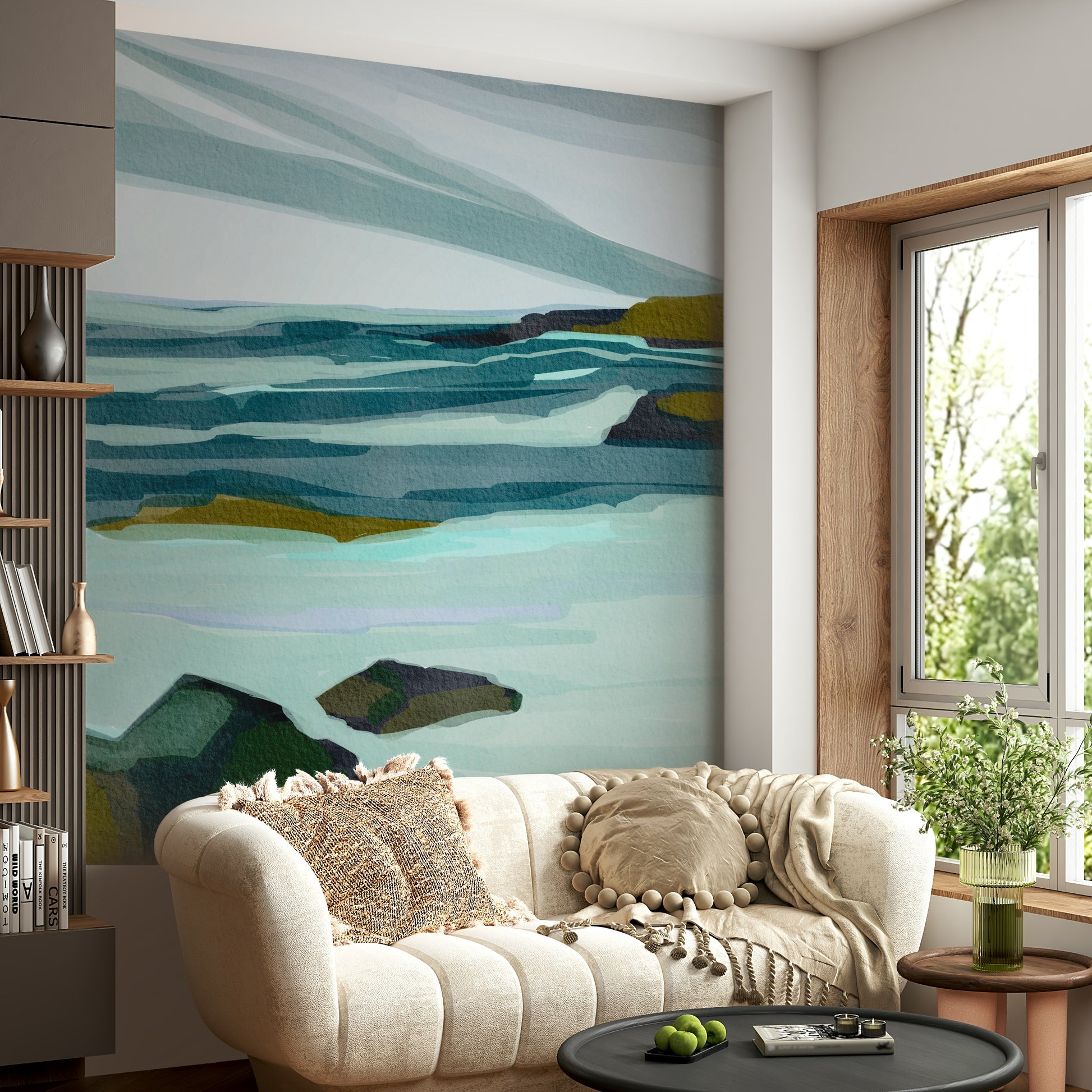 The colors are soft and gentle, with many shades of blue, beige, and white.

