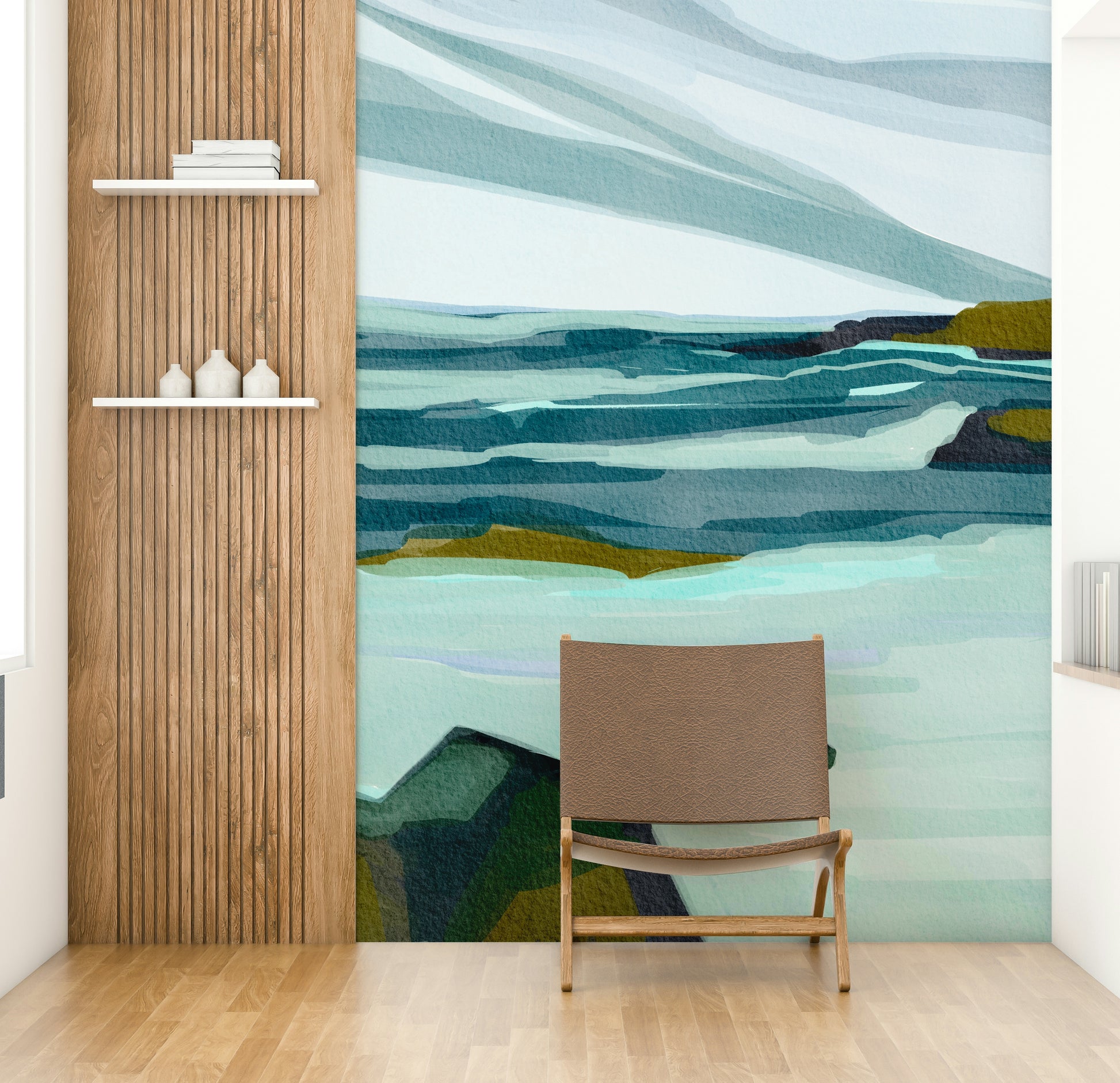 The design has a layered look, showing a long view of the water and the shore.

