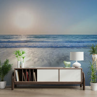 The room's lighting highlights the serene, quiet feel of the mural.

