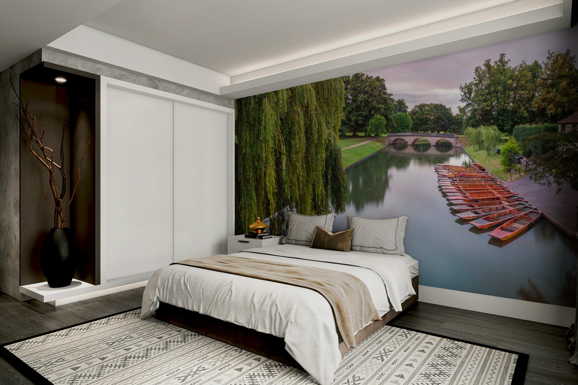 The image shows a serene boat, or punt, on a foggy river at dawn.

