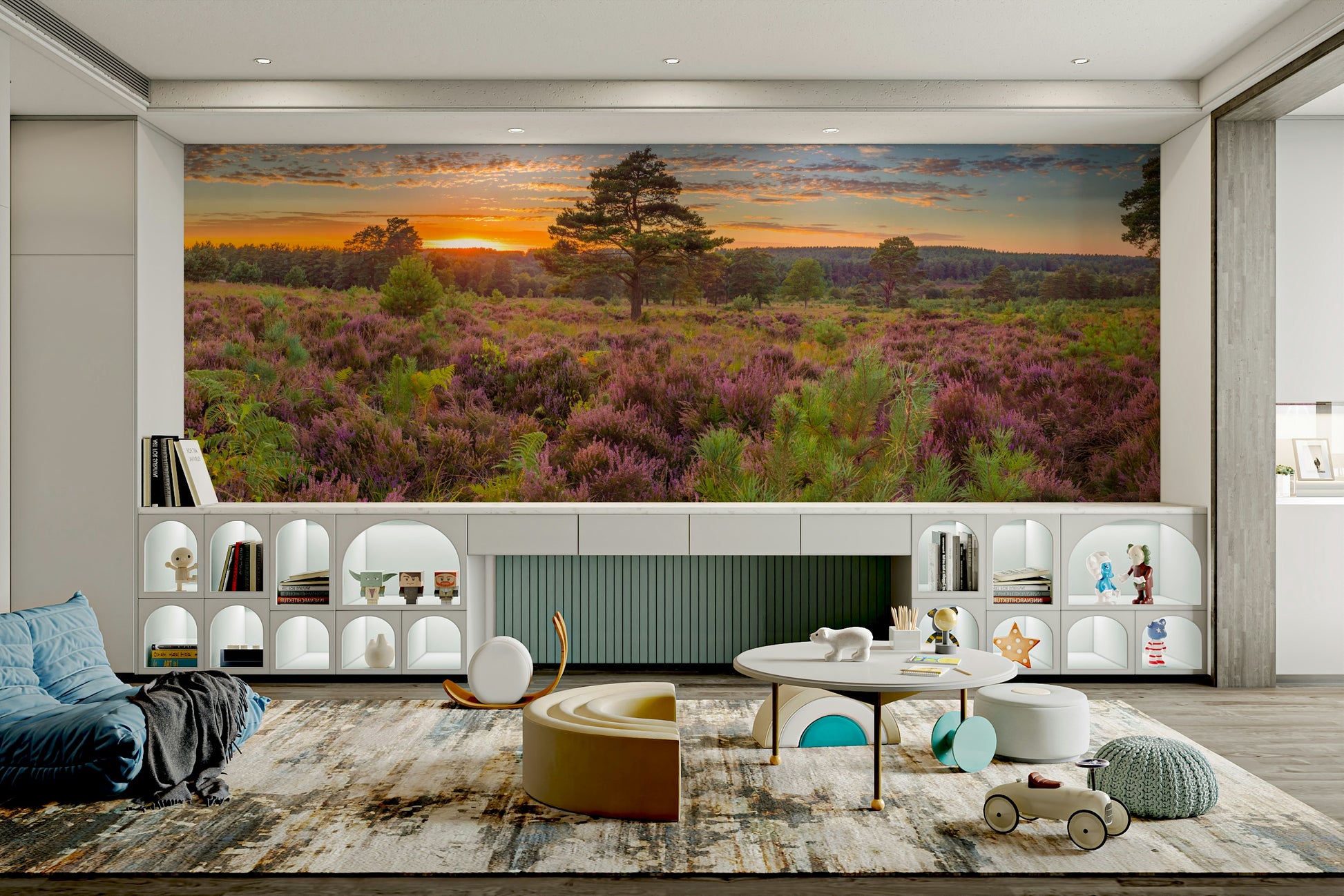 The colors are soft and gentle, with many shades of purple, pink, and orange.

