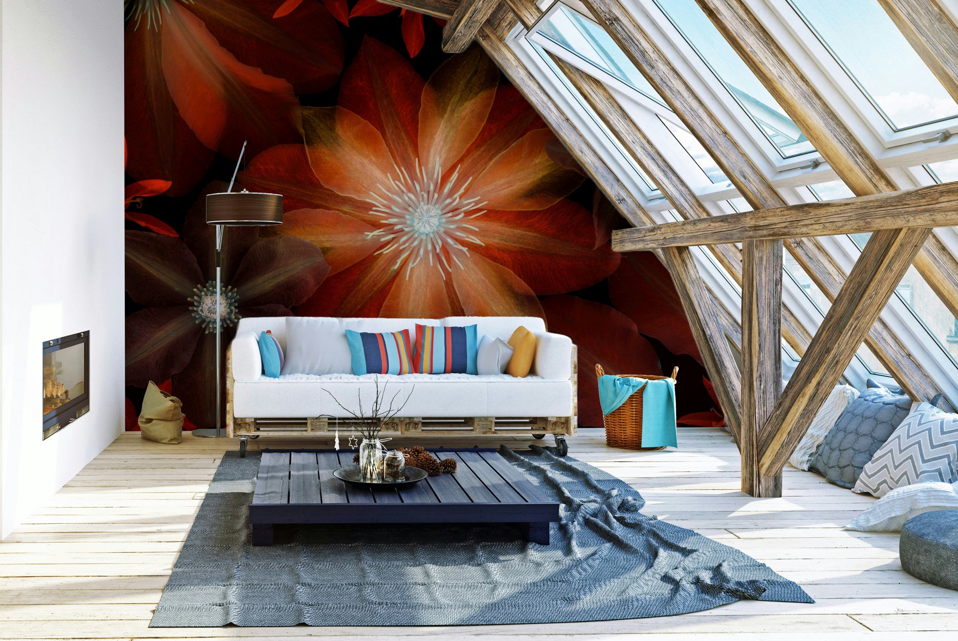 A wall mural featuring a close-up, artistic floral pattern.

