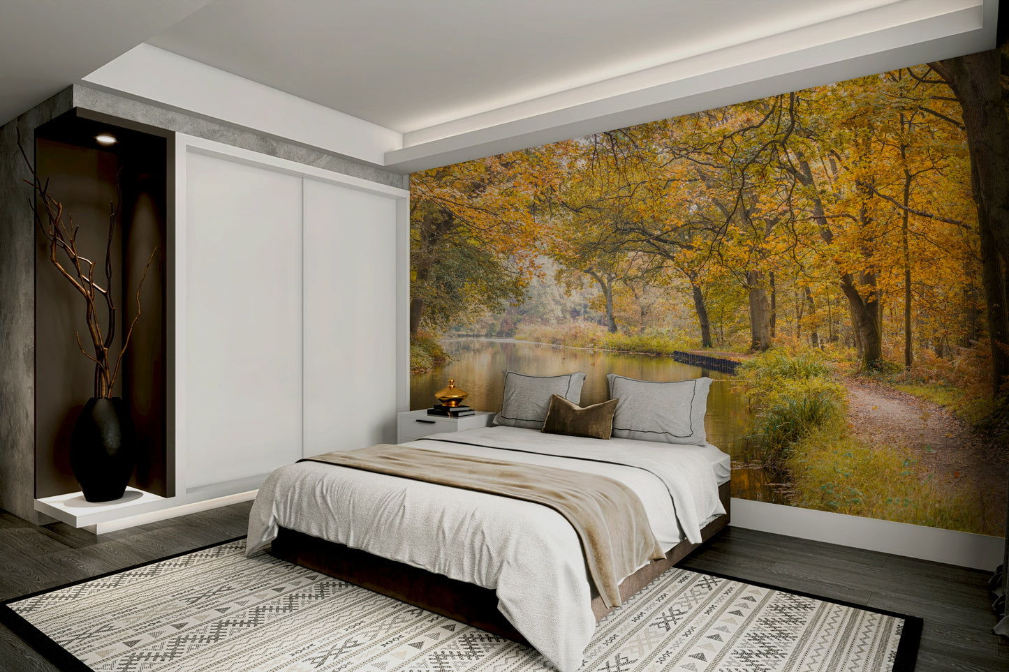 The trees are full of autumn leaves in shades of yellow and gold.

