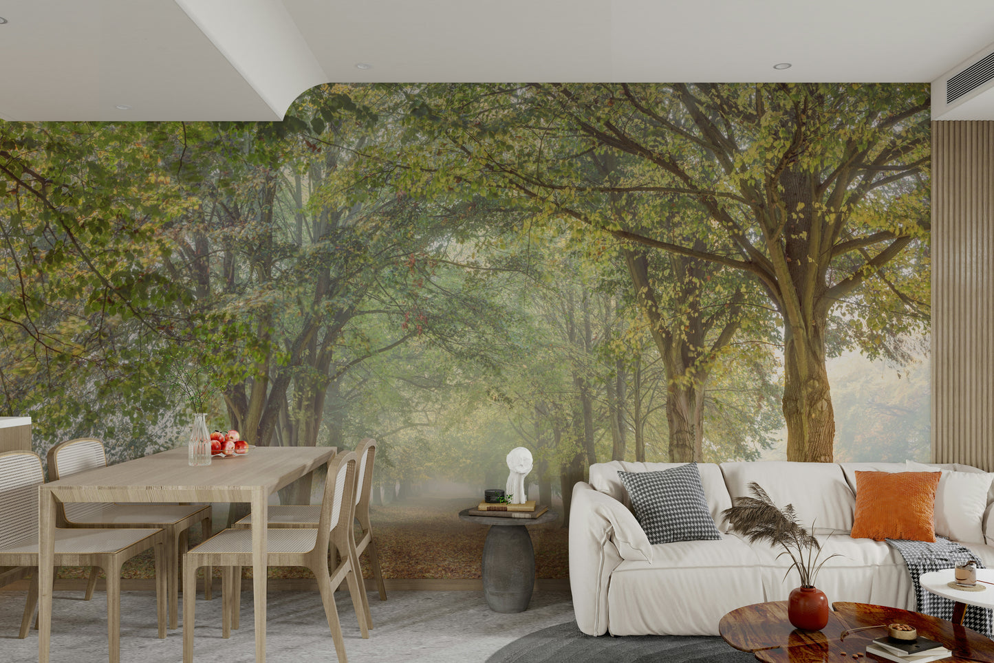 The room's lighting highlights the serene, quiet feel of the mural.

