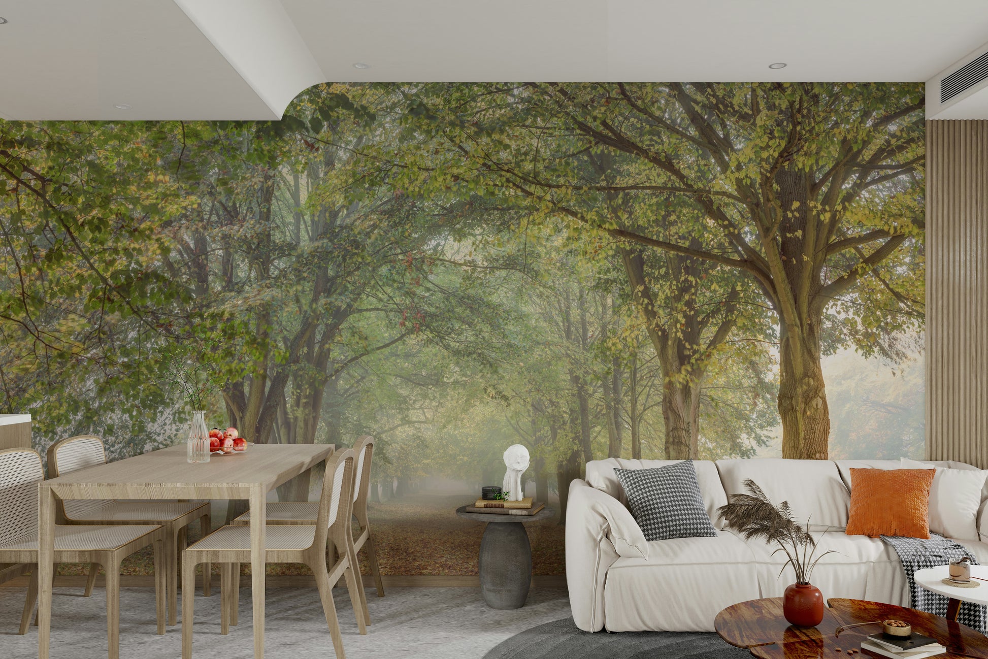 The room's lighting highlights the serene, quiet feel of the mural.

