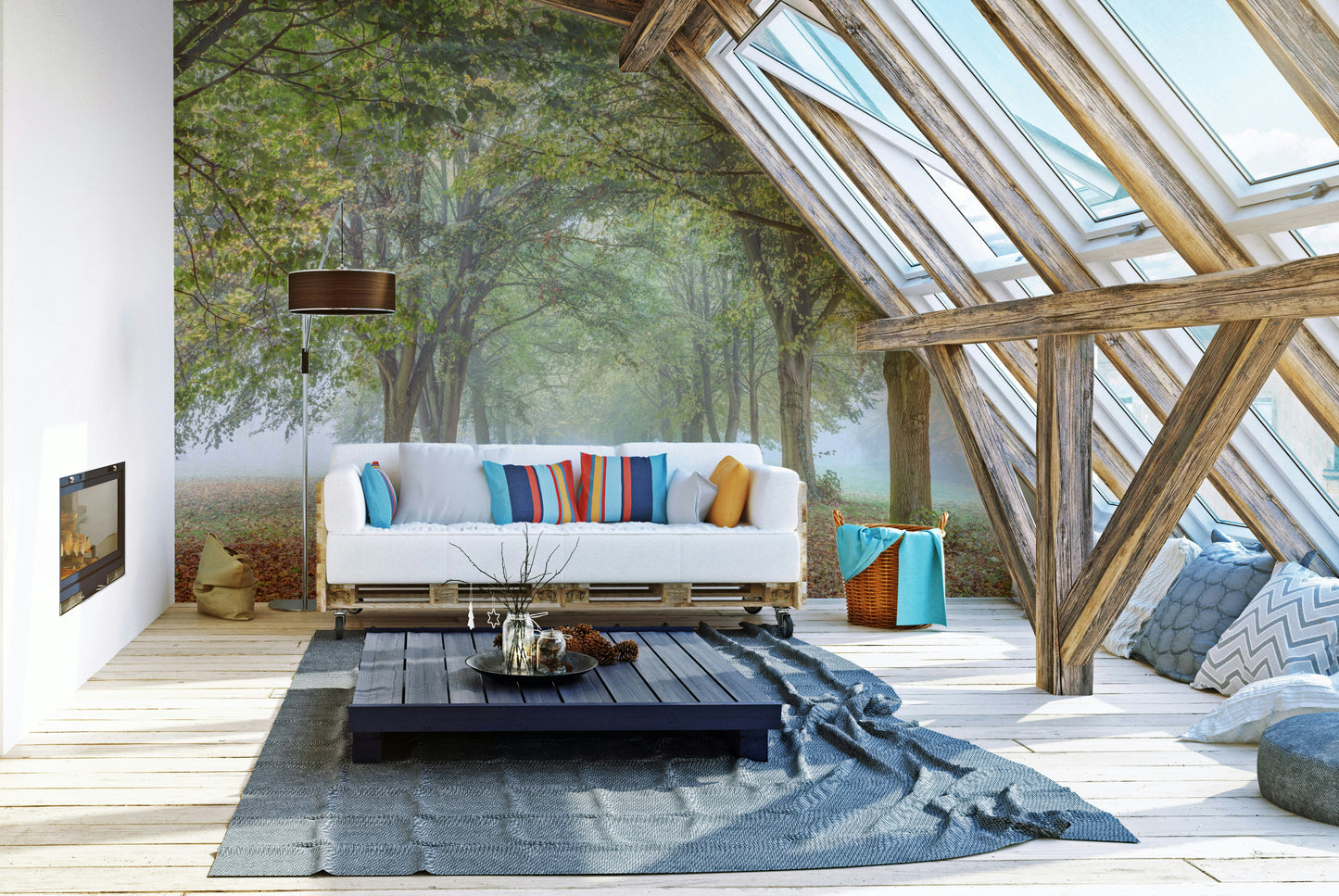 A wall mural featuring a peaceful, natural forest scene.

