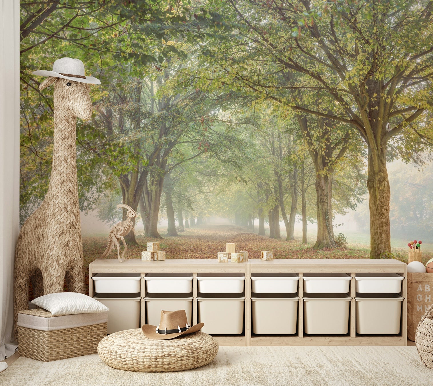 The image shows a full wall with a misty, hazy forest view.

