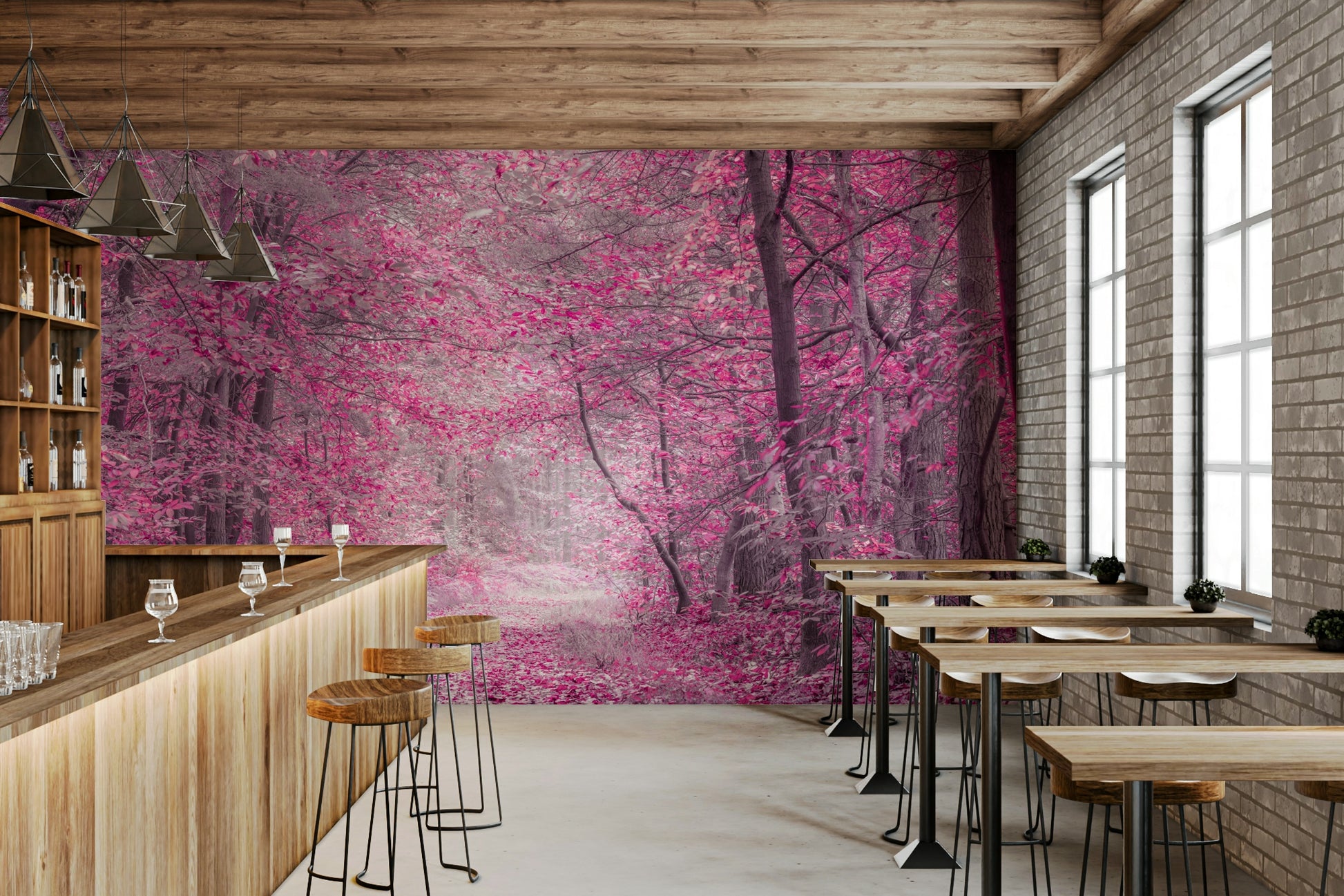 The mural is a high-quality print with good detail in the trees and leaves.
