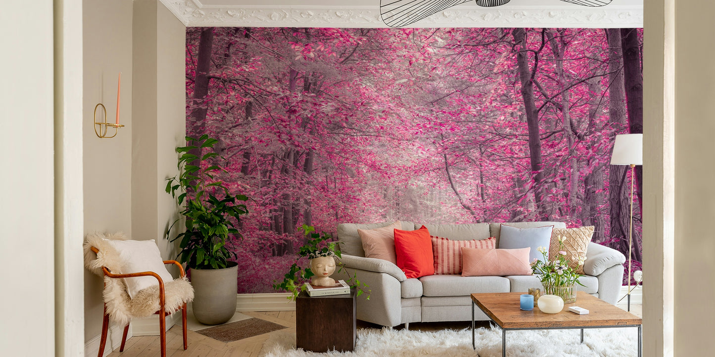 The ground is covered with fallen pink leaves, creating a mystical atmosphere.
