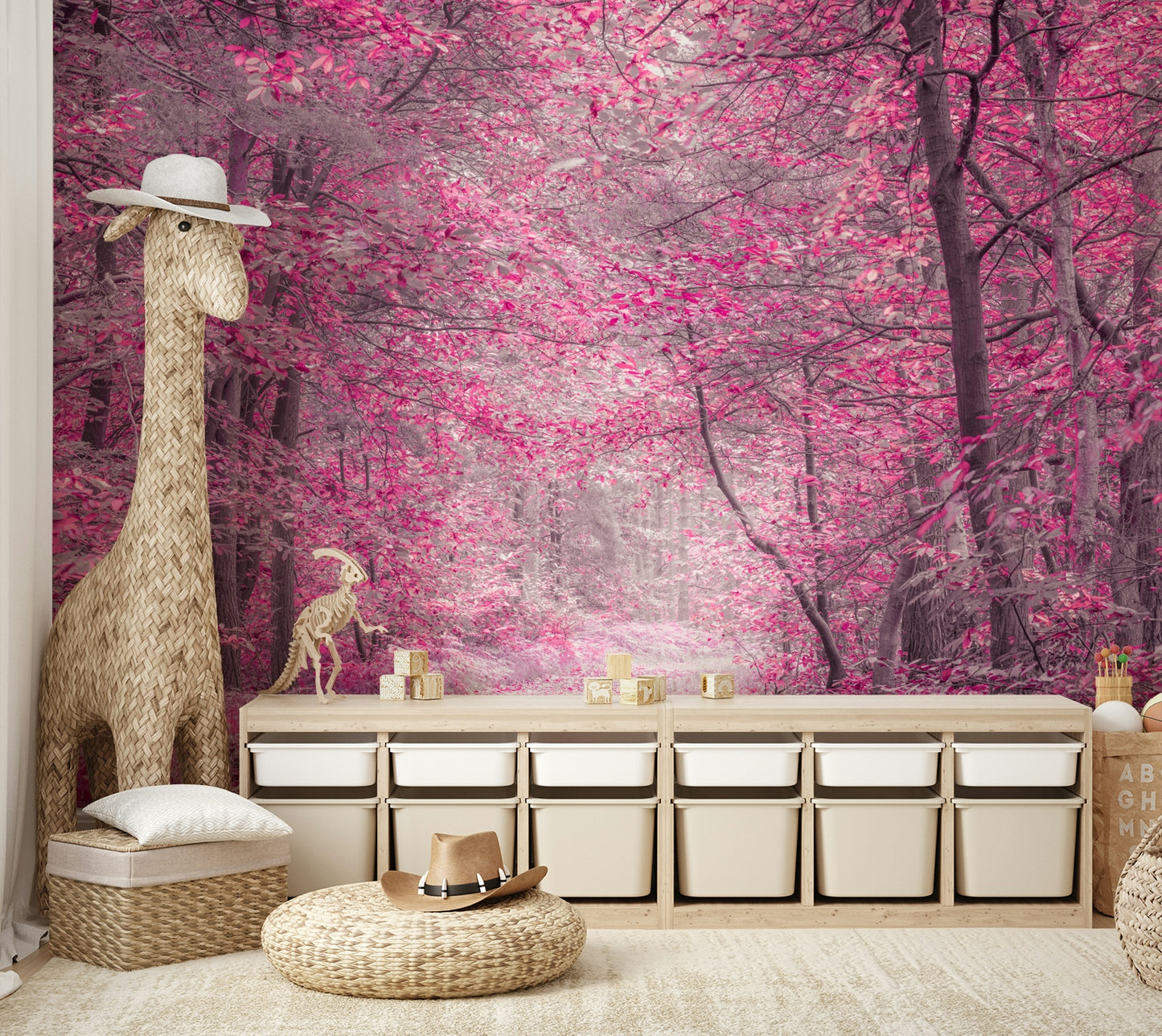 The overall color scheme is predominantly pink, purple, and white.
