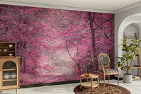 The trees and leaves are in various shades of vibrant pink and magenta.
