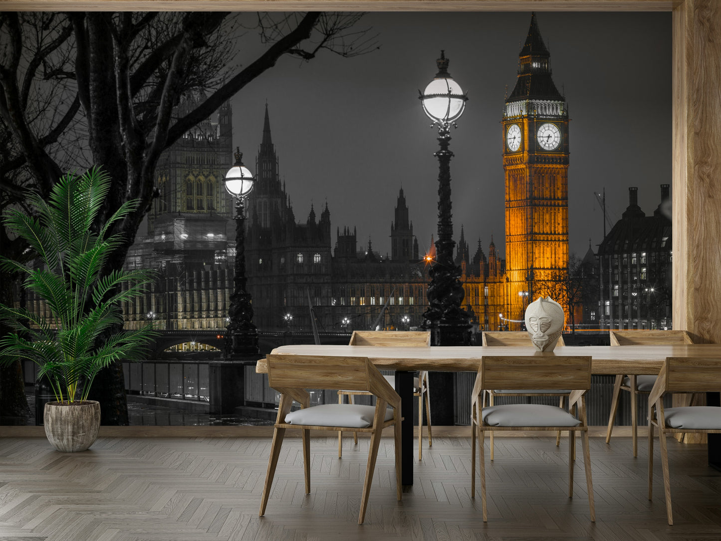 The clock face and a few windows are glowing with a warm, golden light.
