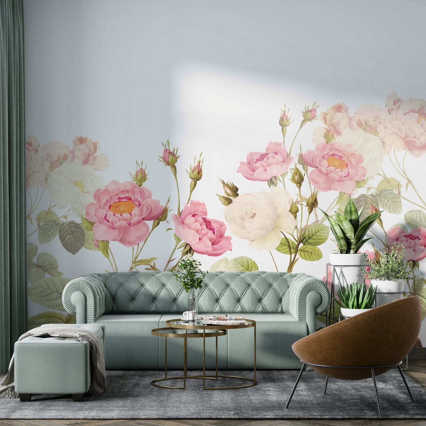 The lighting in the room is soft, highlighting the mural's gentle colors.
