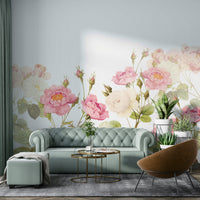 The lighting in the room is soft, highlighting the mural's gentle colors.
