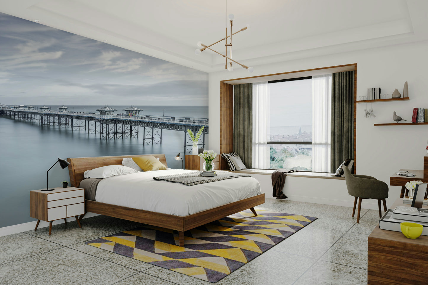 The wallpaper is perfect for a peaceful space.

