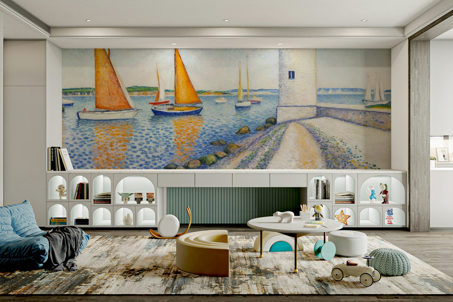 The mural shows a peaceful seascape with a lighthouse.

