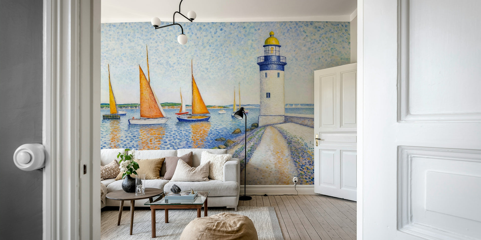 Wall mural with a pointillist maritime scene.

