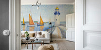 Wall mural with a pointillist maritime scene.

