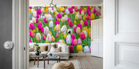 The mural shows a peaceful field of colorful tulips.

