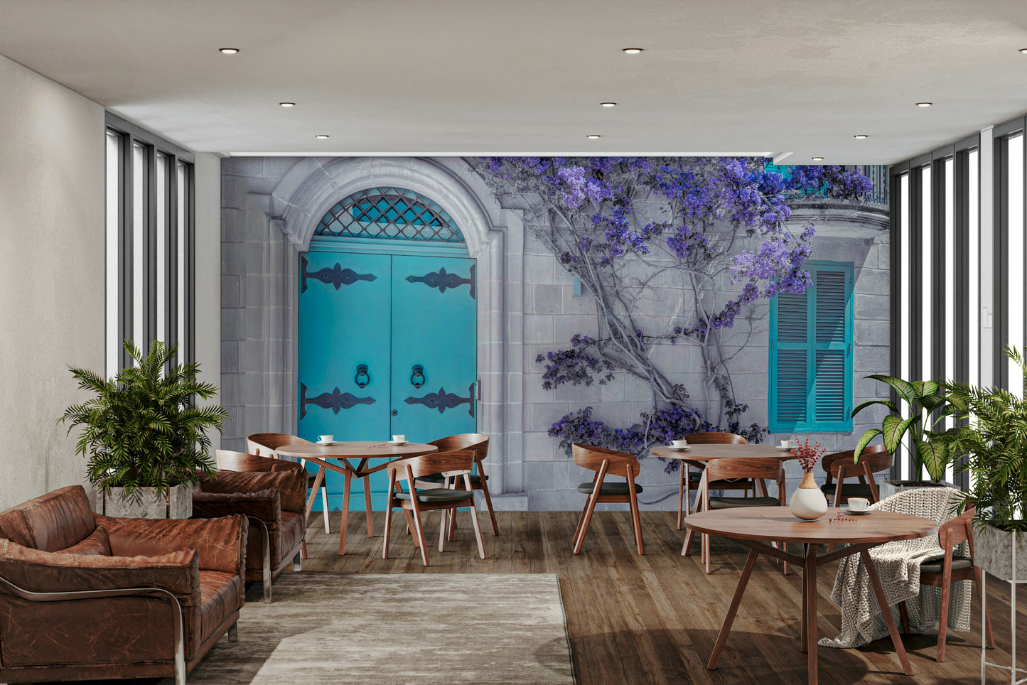 The mural shows a peaceful street scene with a blue door and purple bougainvillea.

