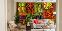 Wall mural of a rustic pantry with vegetables.


