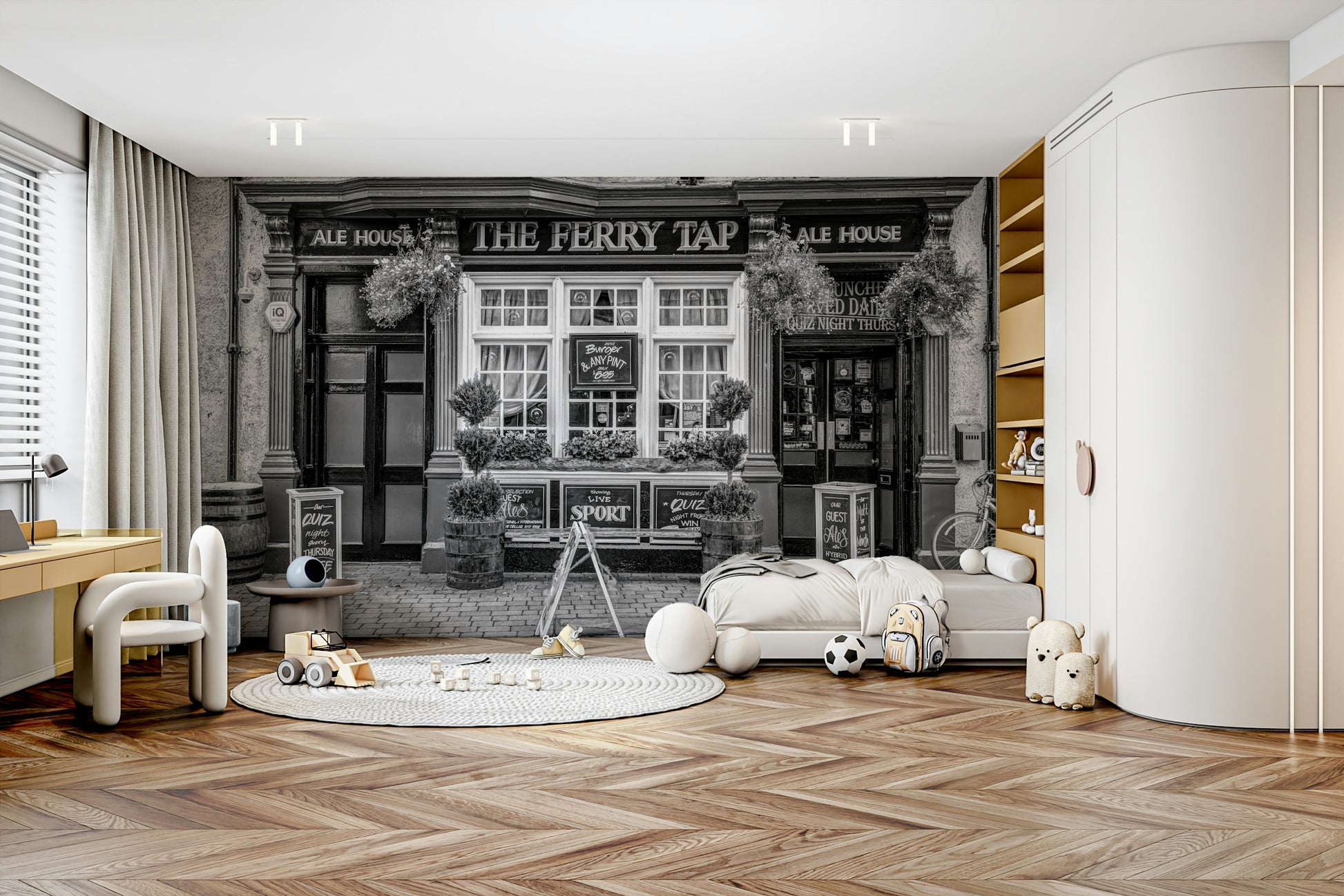 The wall art combines a historical theme with a modern aesthetic.

