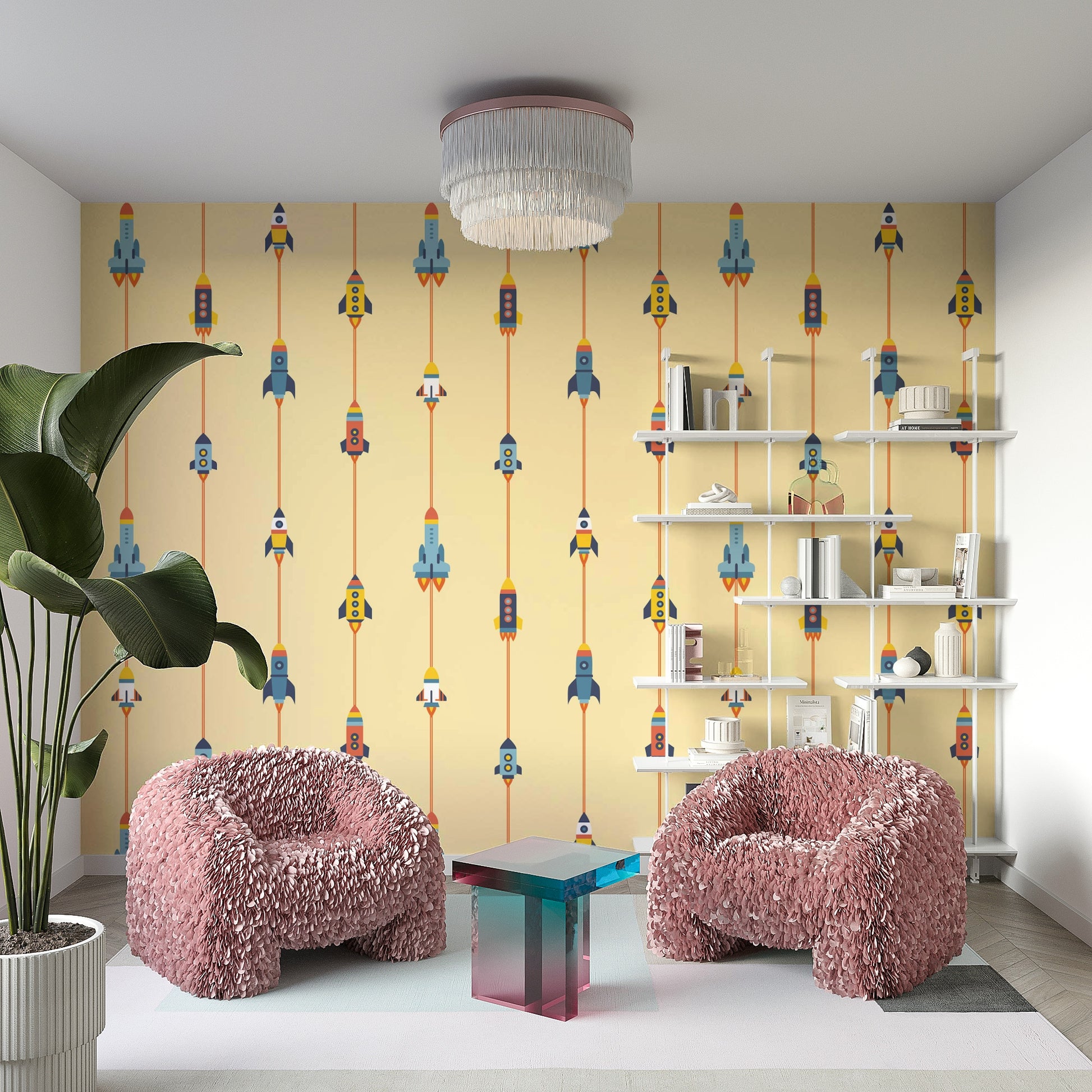 The room's lighting highlights the playful feel of the pattern.


