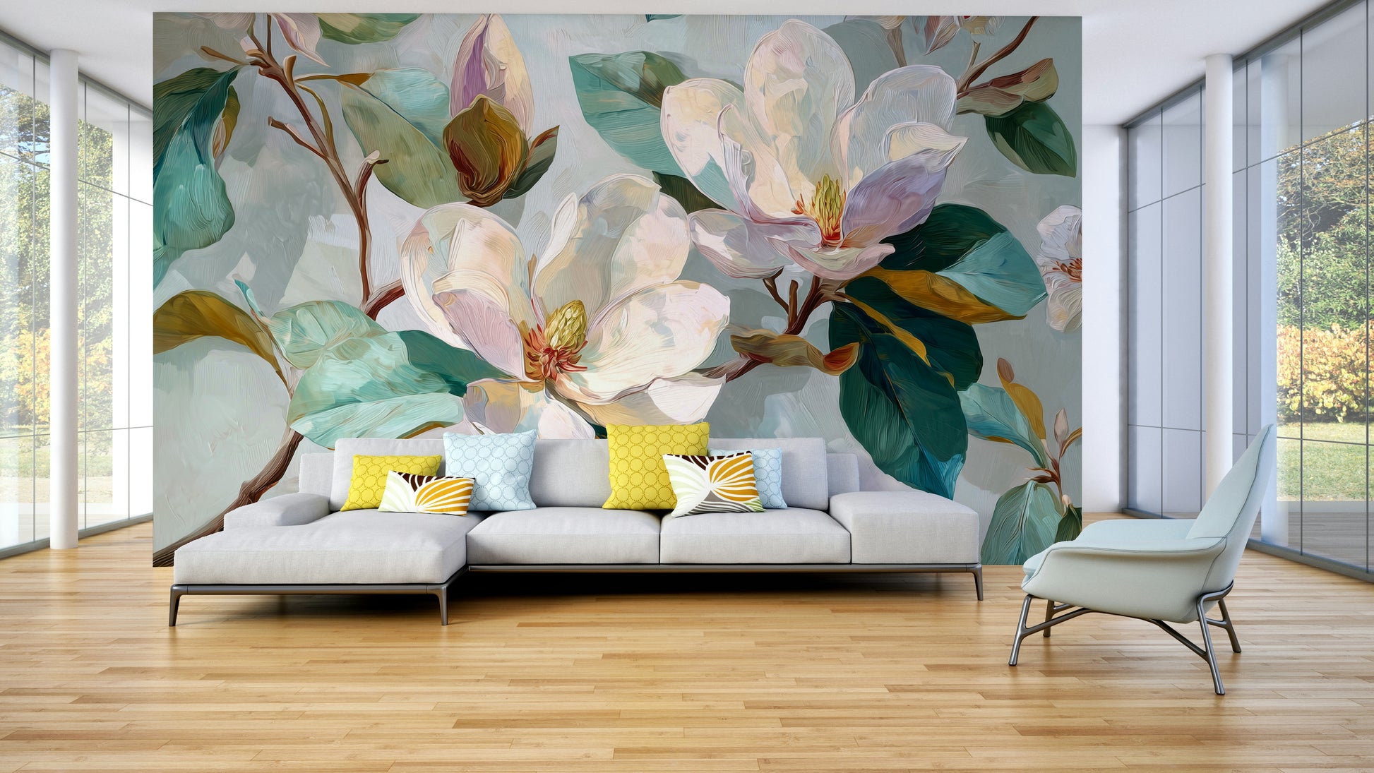 Wall mural with delicate magnolia blooms.

