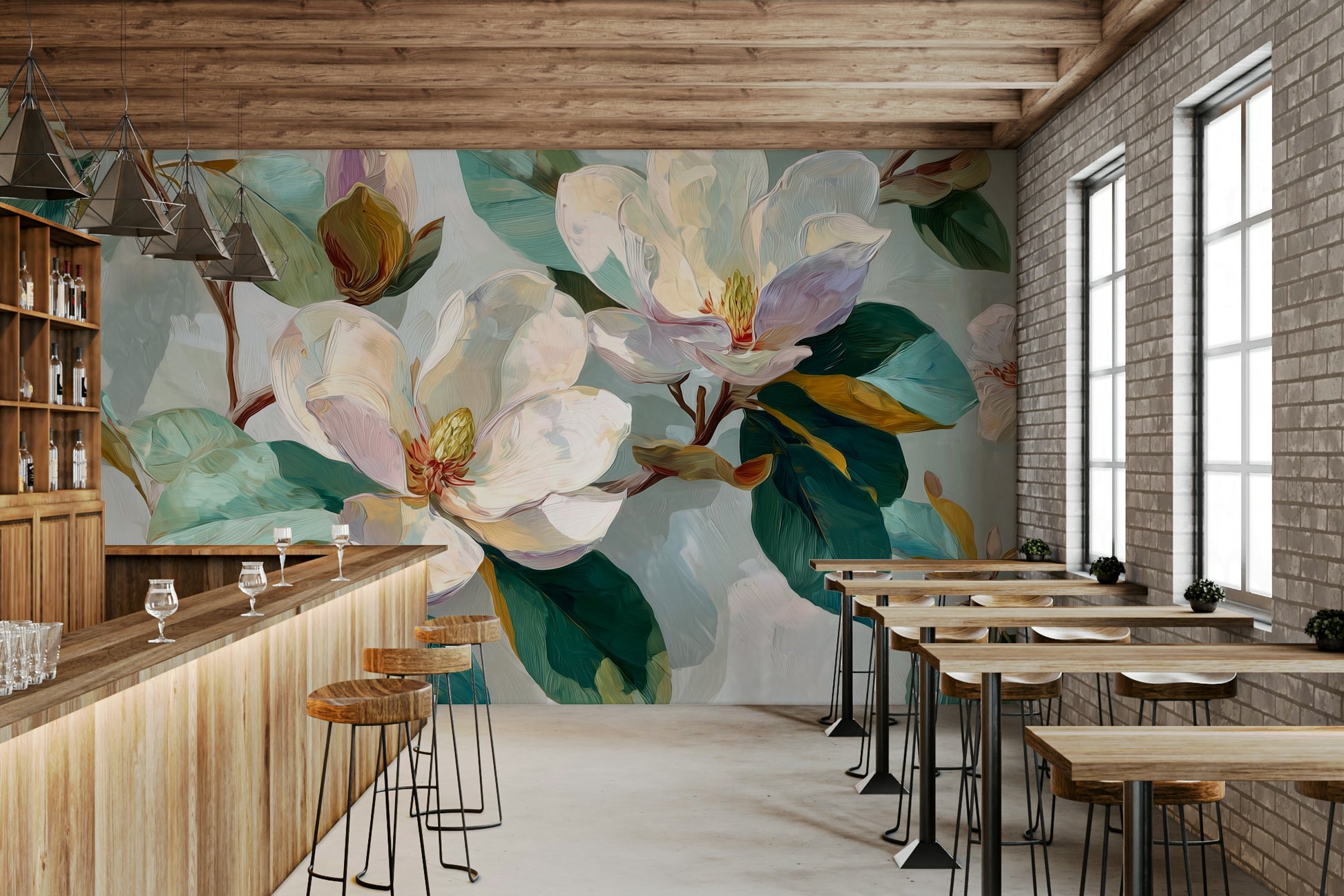 The mural shows a close-up of a peaceful floral scene.

