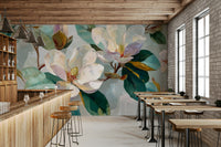The mural shows a close-up of a peaceful floral scene.

