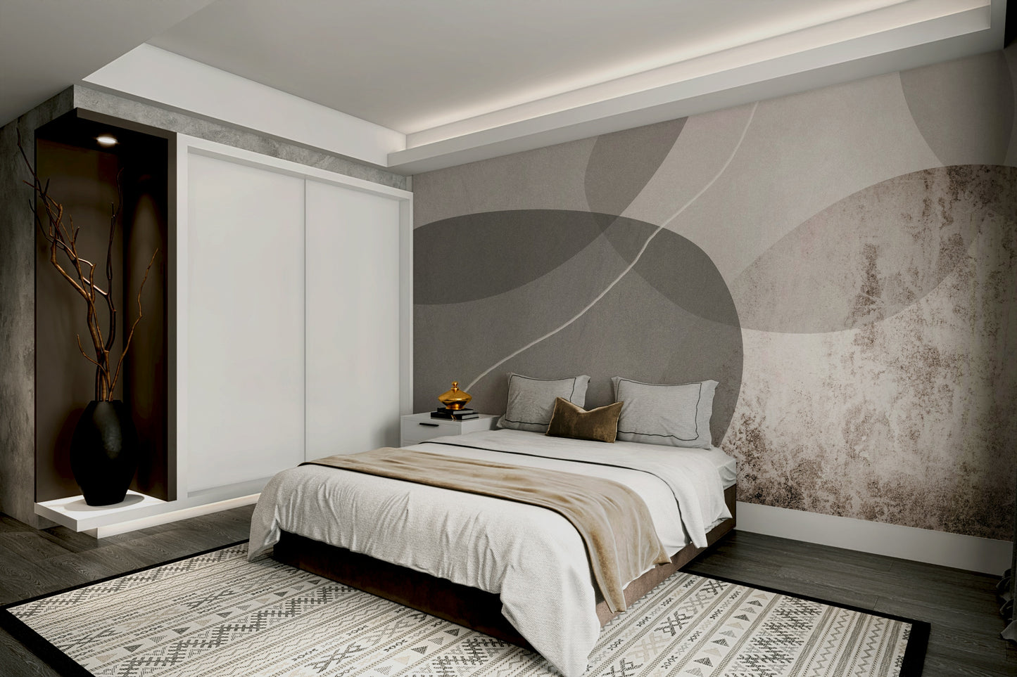 The mural shows a peaceful, minimalist landscape.

