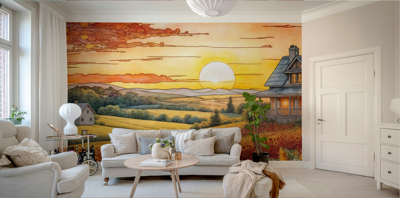 Wall mural of a sunflower field at sunrise.

