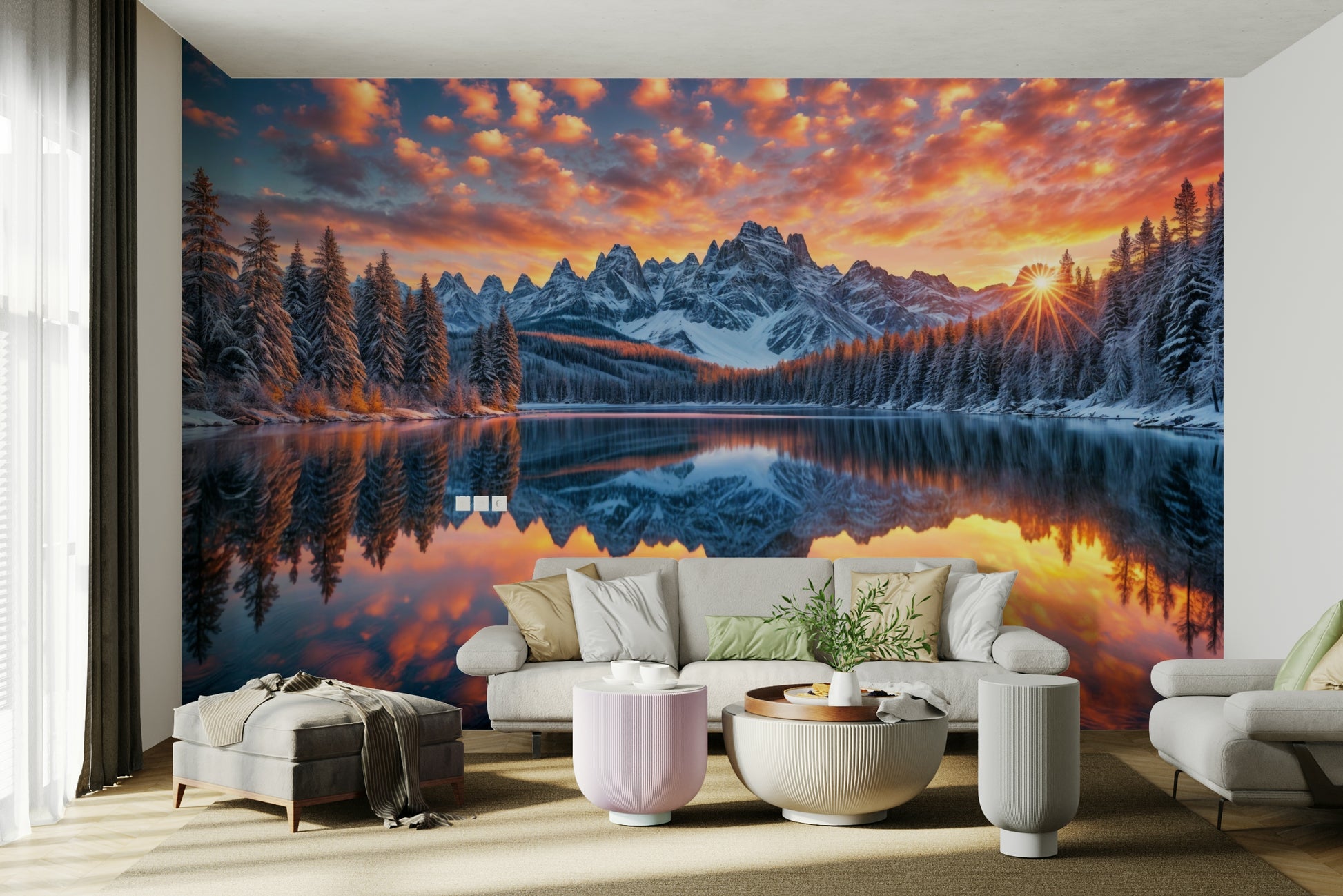 The image shows a peaceful winter forest with a reflective body of water.

