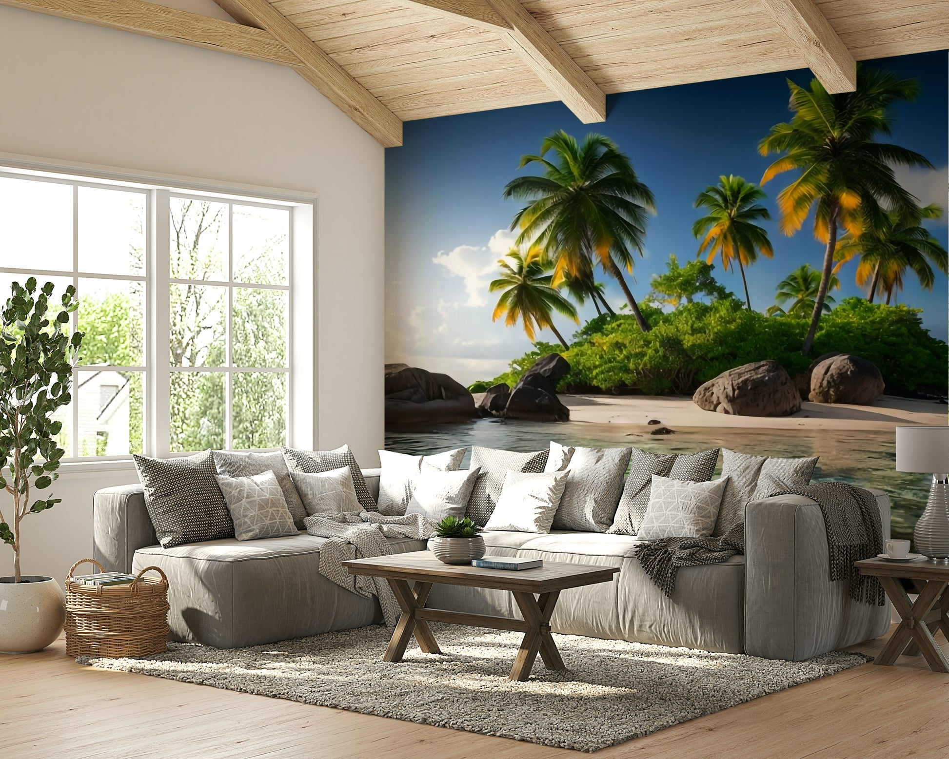 The image shows a peaceful tropical island with a beach and palm trees.

