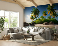 The image shows a peaceful tropical island with a beach and palm trees.

