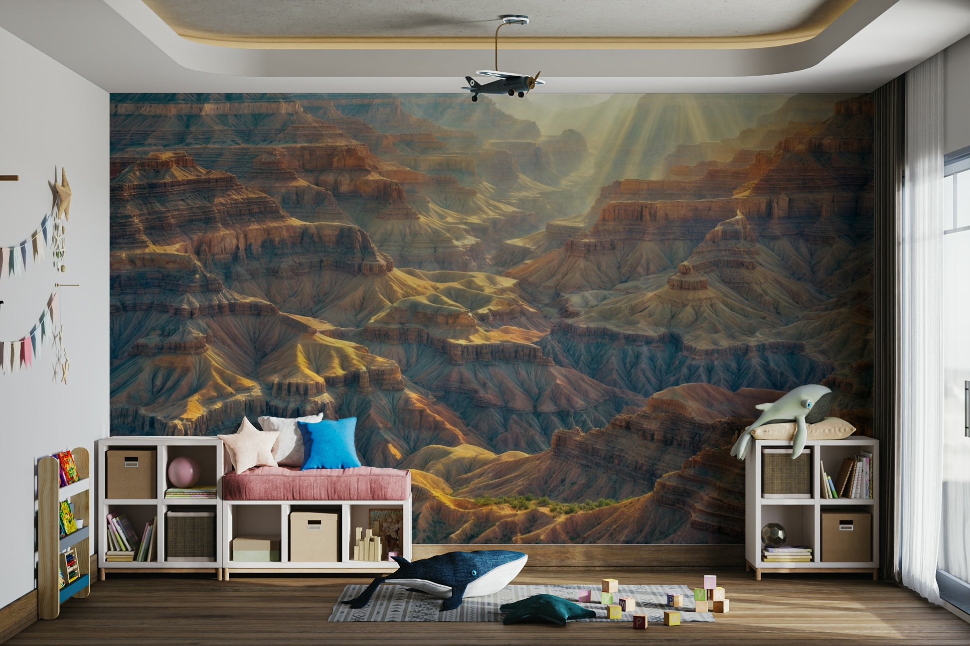 The image shows a peaceful canyon with rock formations and light.

