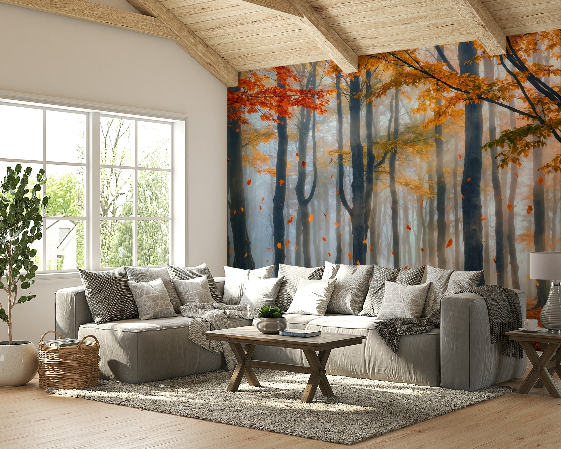 The wallpaper is installed in a formal, elegant living room.

