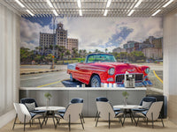 The wall art combines historical architecture with a lively city scene.

