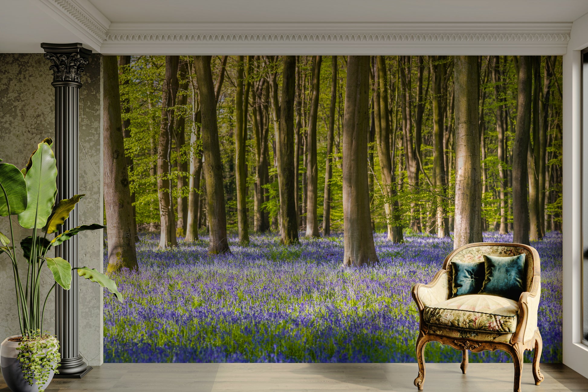 The mural shows a serene, tree-lined road.

