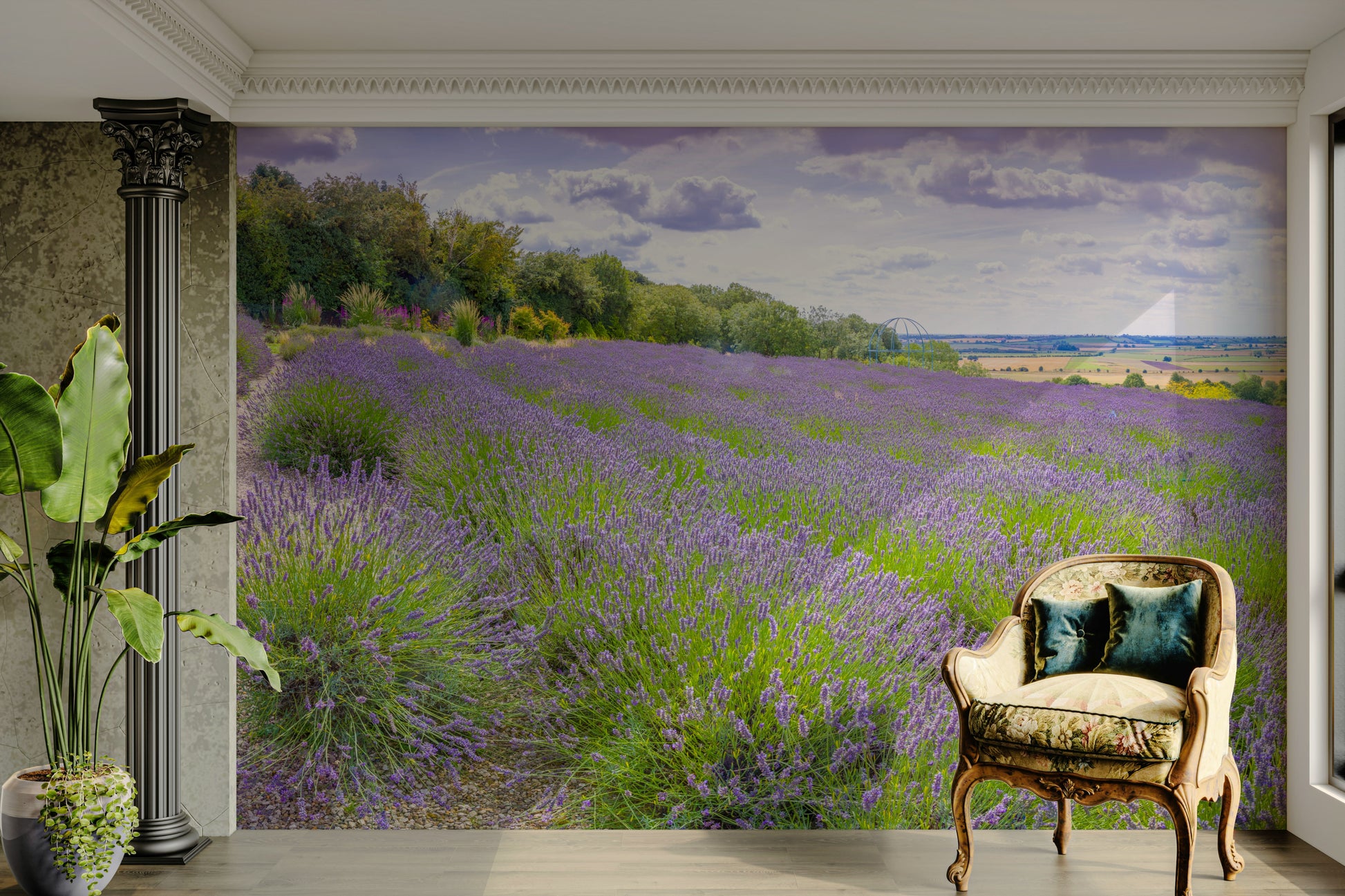 The wall art combines a botanical pattern with soft colors.

