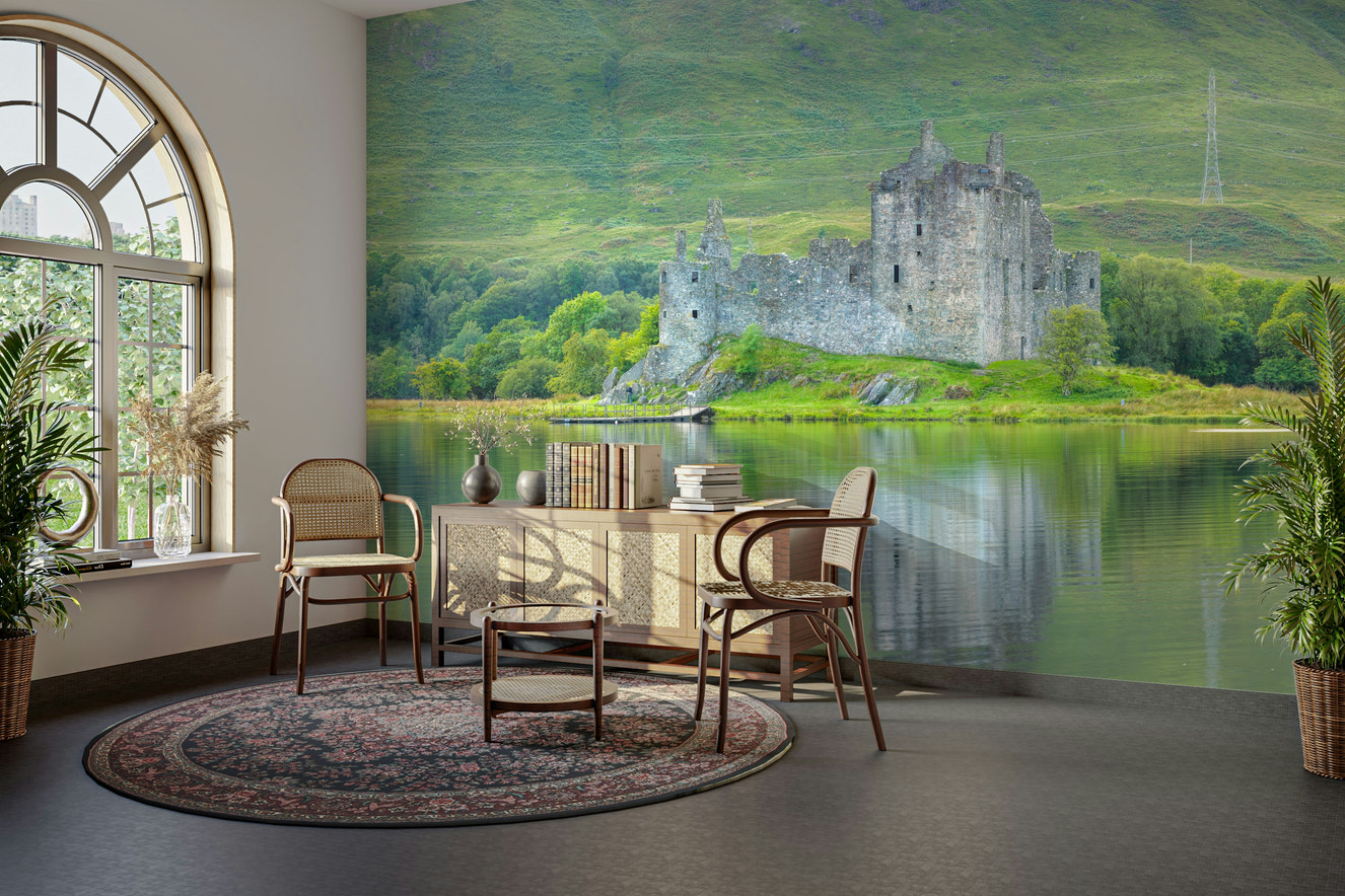 Wall mural of a still waters castle.

